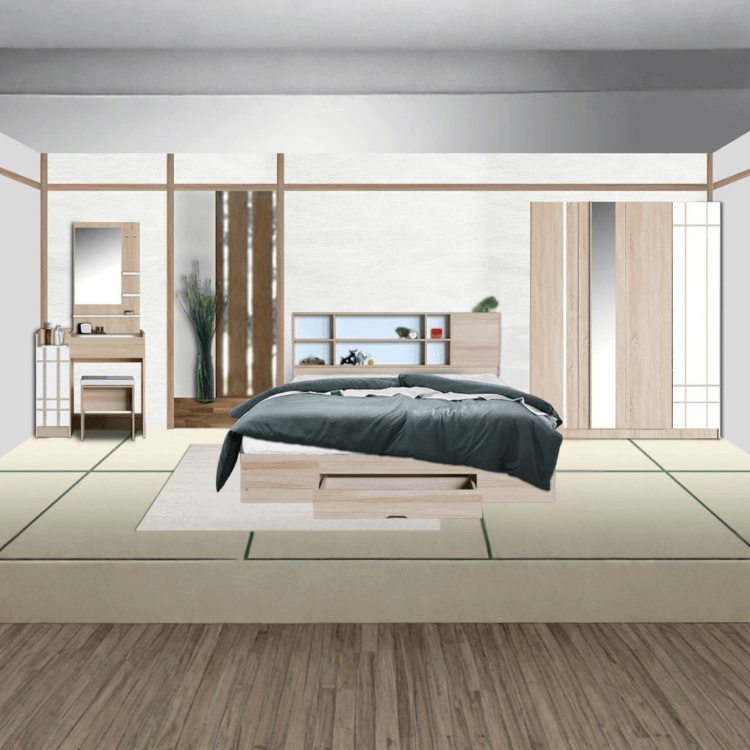 ชุดห้องนอน + ที่นอน PVC 6 ฟุต WISDOM DESIGN FURNITURE รุ่น NANA-L สีบัตเตอร์/ขาว ลิ้นชักท้ายเตียง